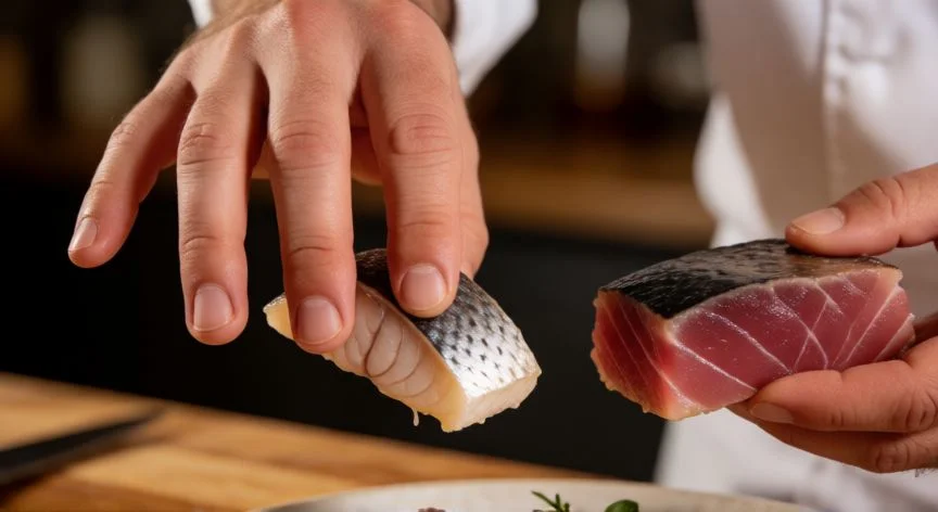 diferencia entre atun y bonito, Cocina profesional preparando platos con bonito y atún fresco