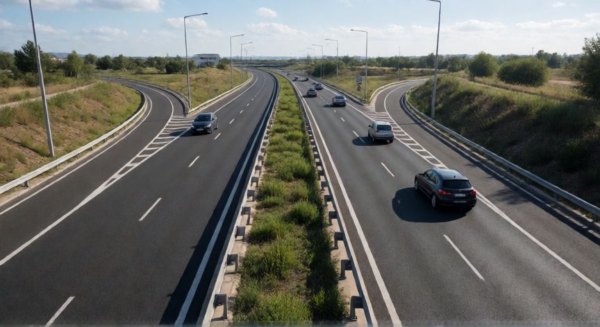 Vista de una autopista española con separación de calzada y sin intersecciones a nivel