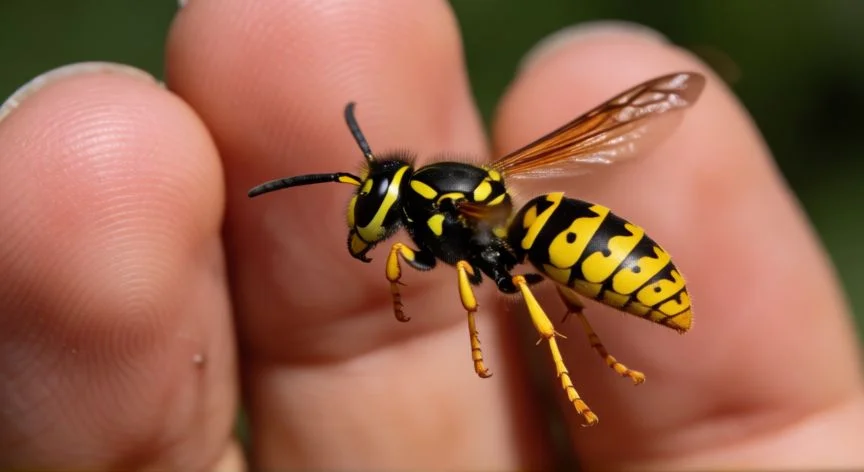 diferencia entre avispa y abeja, Avispa común con cuerpo delgado y brillante cerca de una mano humana