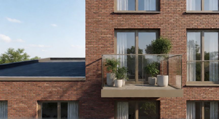 Fachada de edificio moderno mostrando la diferencia estructural entre un balcón y una terraza