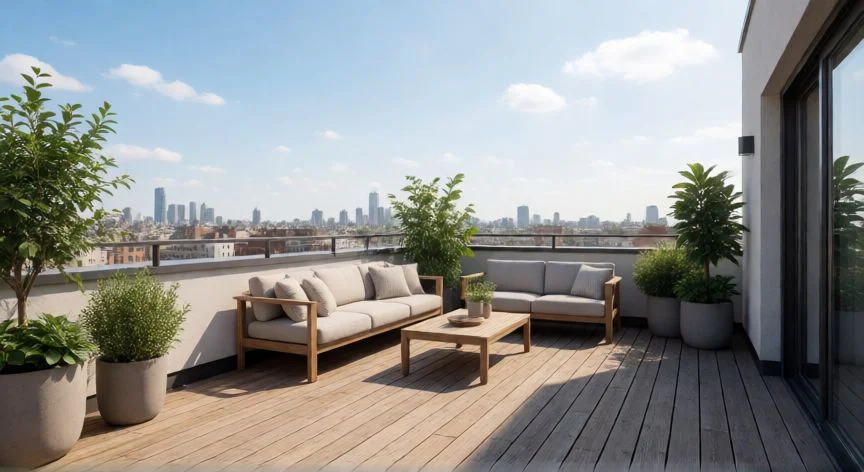 diferencia entre balcon y terraza, Amplia terraza de azotea con mobiliario exterior y vistas urbanas