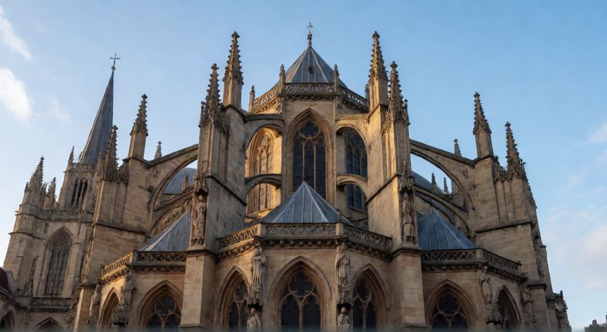 Fachada de una catedral gótica con detalles arquitectónicos históricos
