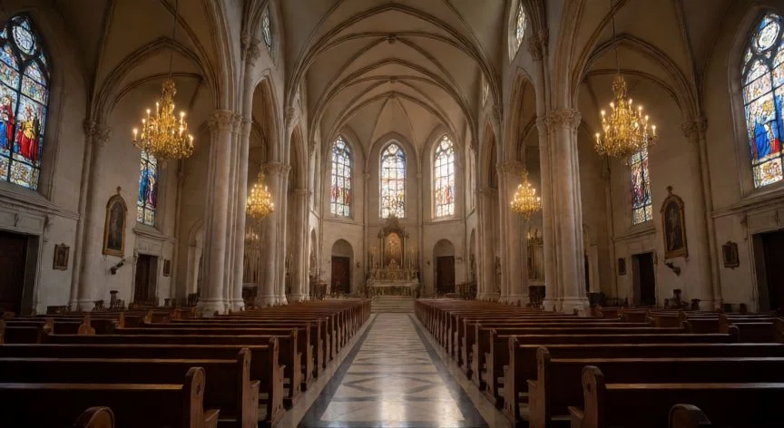 diferencia entre basilica y catedral, Interior de una basílica con bóvedas altas y vitrales coloridos