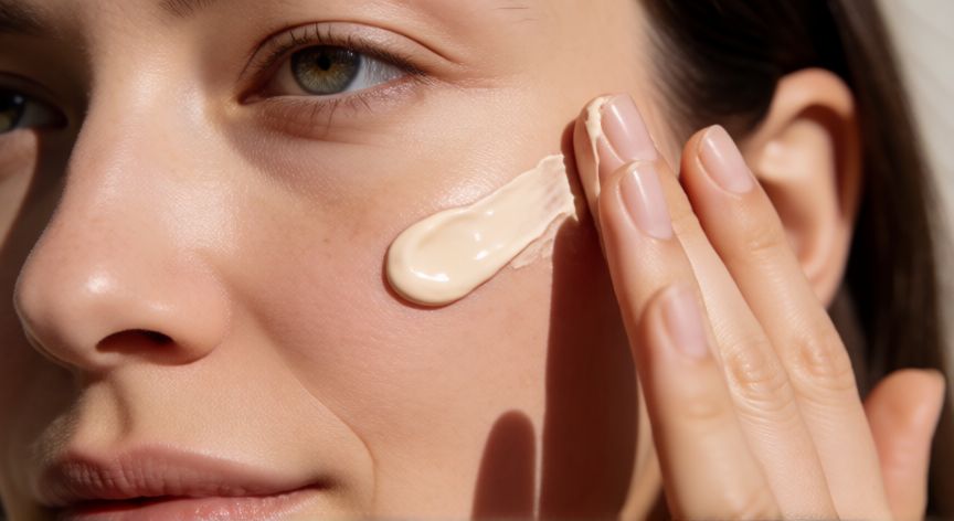Aplicación de crema facial con cobertura ligera en el rostro