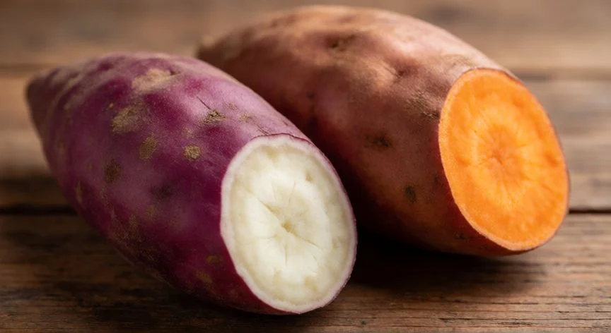 Comparación visual de dos variedades de batata con piel y carne de colores distintos