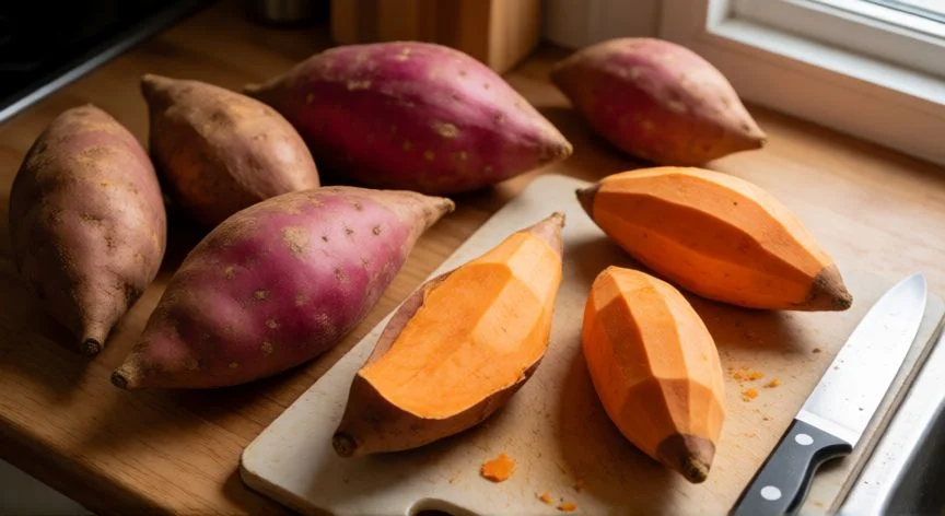 diferencia entre boniato y batata, Preparación de boniatos frescos en una cocina con cuchillo y tabla de cortar