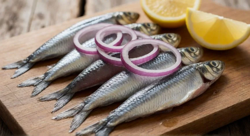 Boquerones frescos crudos sobre tabla de madera con cebolla y limón
