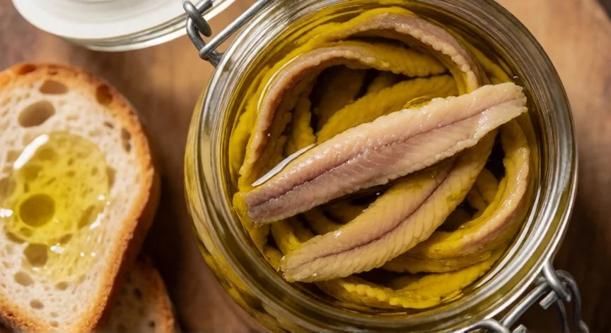 diferencia entre boqueron y anchoa, Anchoas de conserva en aceite junto a pan tostado con aceite de oliva