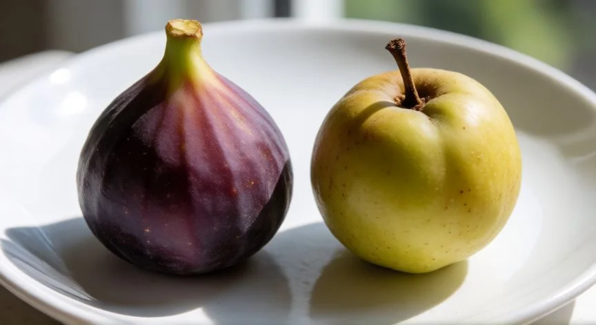 diferencia entre breva e higo, Comparativa visual entre un higo y una breva en un plato blanco mostrando diferencias de forma