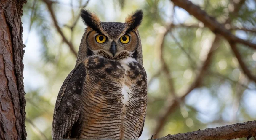 Búho Real posado en una rama mostrando su cara redonda