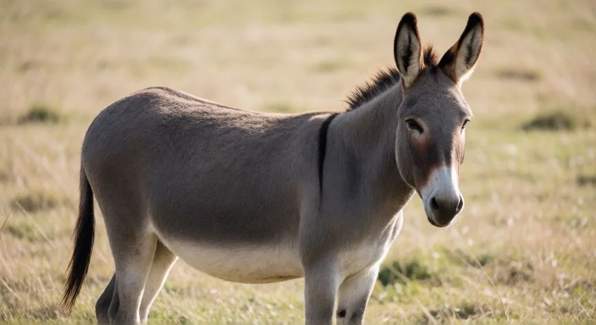 Asno de pelaje gris en un campo soleado mostrando sus largas orejas