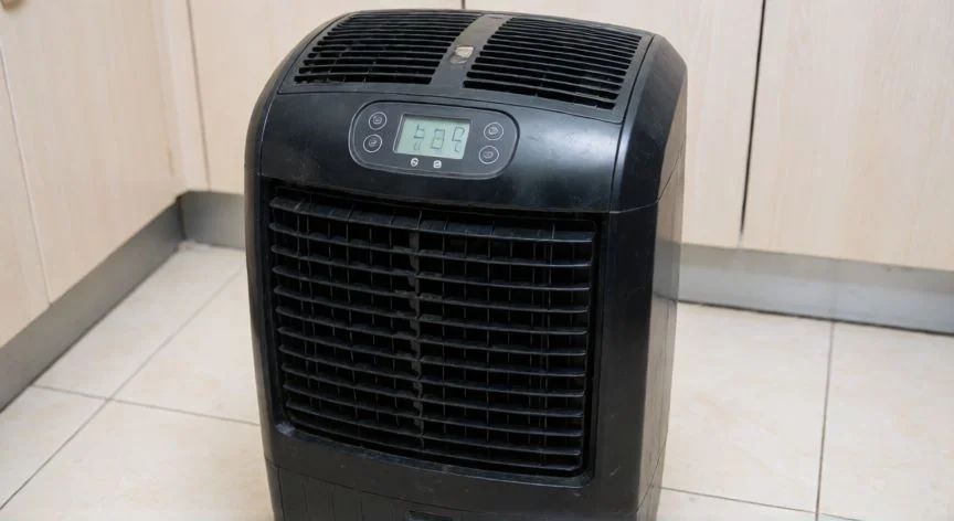 diferencia entre climatizador y aire acondicionado, Climatizador portátil de agua en una cocina con suelo de baldosas