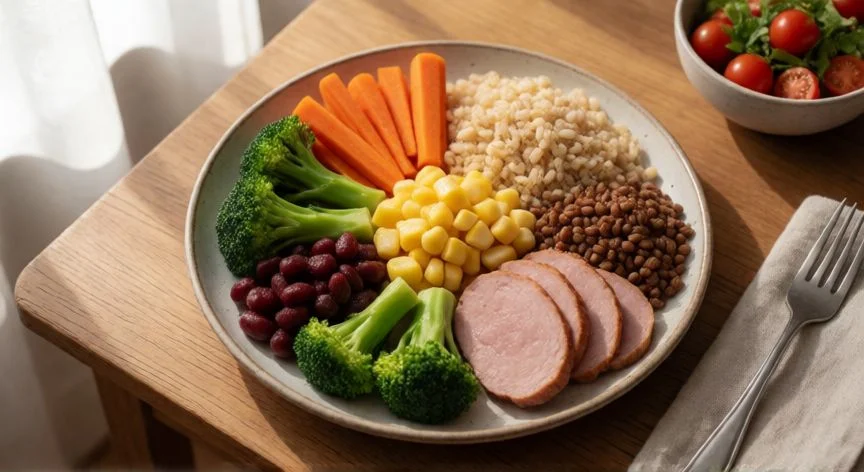 diferencia entre comer alimentarse y nutrirse, Modelo anatómico digestivo junto a alimentos frescos sobre fondo blanco