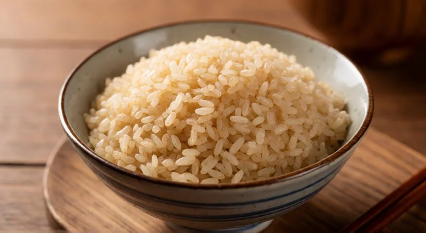 diferencia entre comer arroz blanco y arroz integral, Comparación visual de arroz integral y blanco con notas manuscritas sobre nutrición