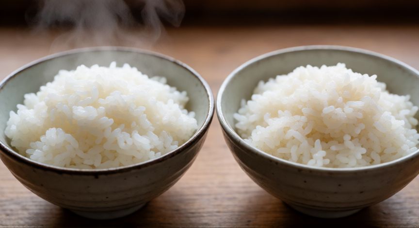 Comparacion visual de arroz caliente humeante y arroz frio en cuencos