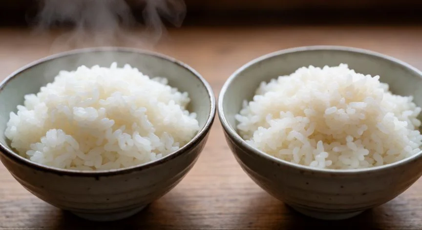 Dos platos de arroz blanco, uno humeante y otro frío, sobre encimera de madera