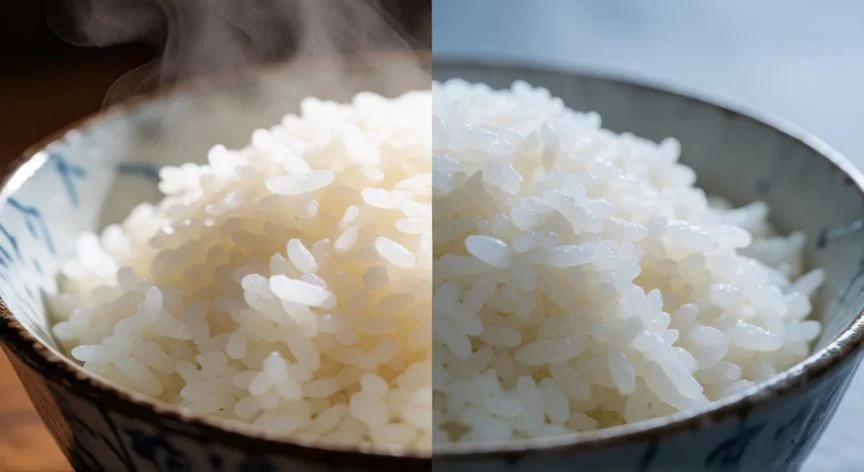 Dos cuencos de arroz blanco: uno recién cocido con vapor y otro enfriado y recalentado