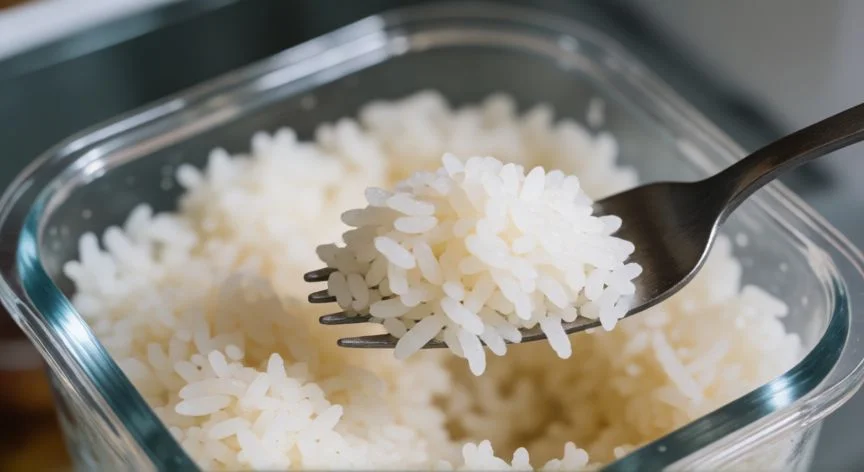 diferencia entre comer arroz frio y caliente, Mujer envasando arroz cocido en recipiente poco profundo para refrigerar de forma segura