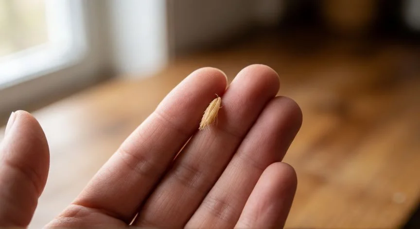 diferencia entre comer arroz integral y arroz normal, Detalle macro de un grano de arroz integral resaltando su fibra externa sobre una mesa de madera.