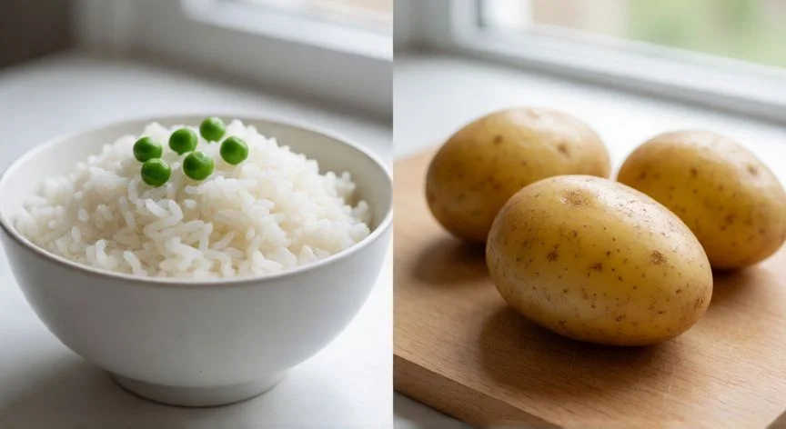 Bowl de arroz blanco y plato de patatas cocidas con piel sobre mesa rústica