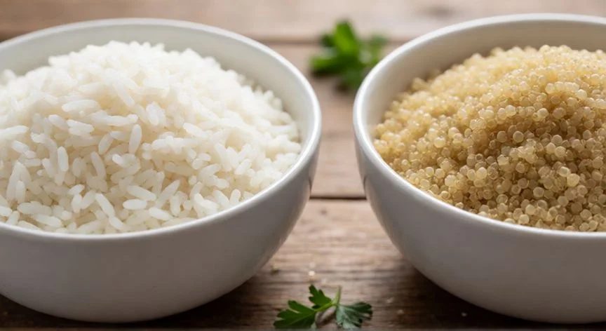 Comparación visual de un bol de arroz blanco y otro de quinoa cocida sobre mesa de madera