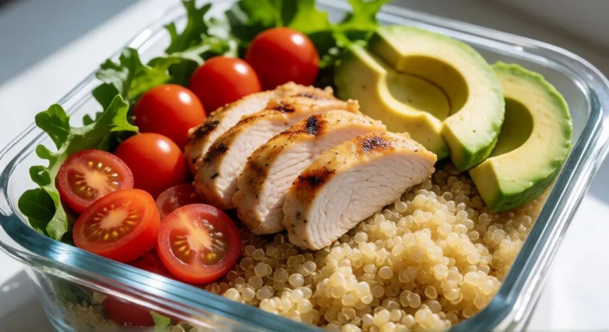 diferencia entre comer arroz y quinoa, Bowl de quinoa con legumbres, aguacate y espinacas en superficie clara