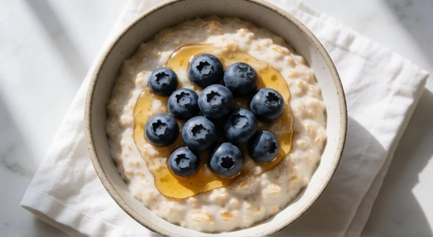 diferencia entre comer avena cruda y cocida, Tazón de avena cocida cremosa con arándanos frescos y miel