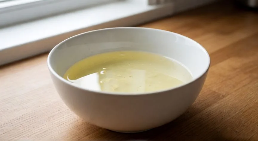 Bowl de claras de huevo crudas mostrando su textura translúcida sobre mesa de madera