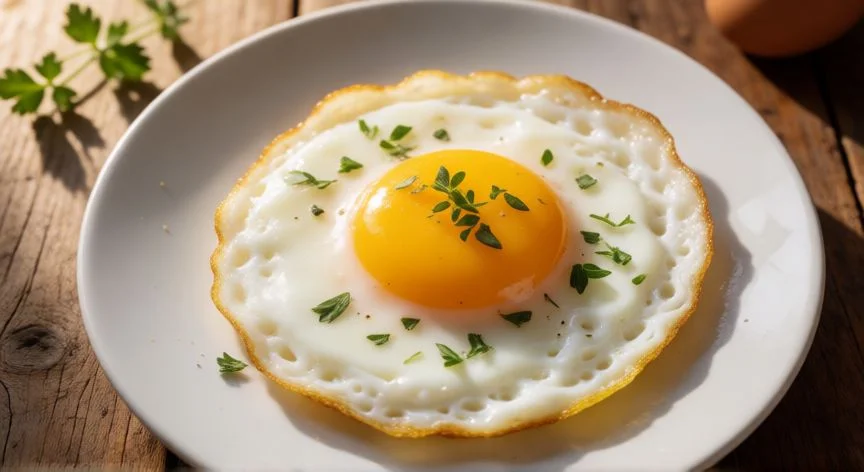 diferencia entre comer claras y huevo entero, Huevo entero cocinado a la plancha con yema intacta servido en plato blanco con hierbas frescas