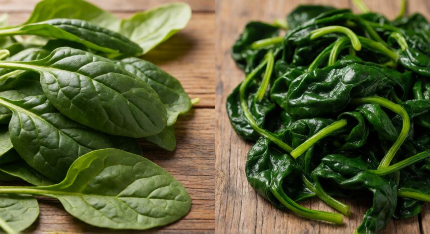 diferencia entre comer espinaca cruda o cocida, Comparativa visual entre espinacas crudas frescas y espinacas cocidas