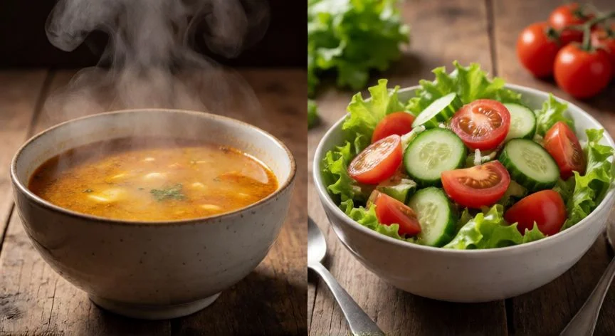 Comparación visual entre un plato de sopa caliente y una ensalada fría