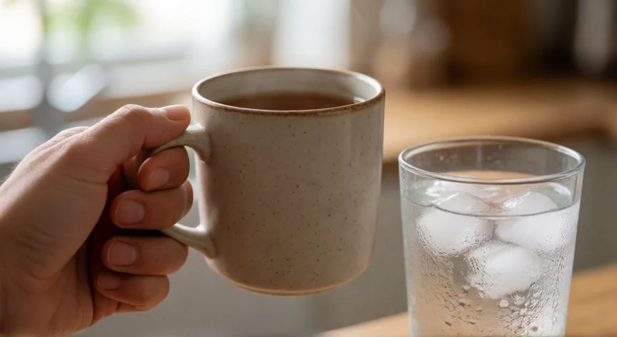 diferencia entre comer frio y caliente, Manos sosteniendo una taza de infusión caliente junto a un vaso con hielo en mesa rústica