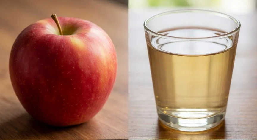 Manzana entera junto a un vaso de zumo sobre mesa de madera