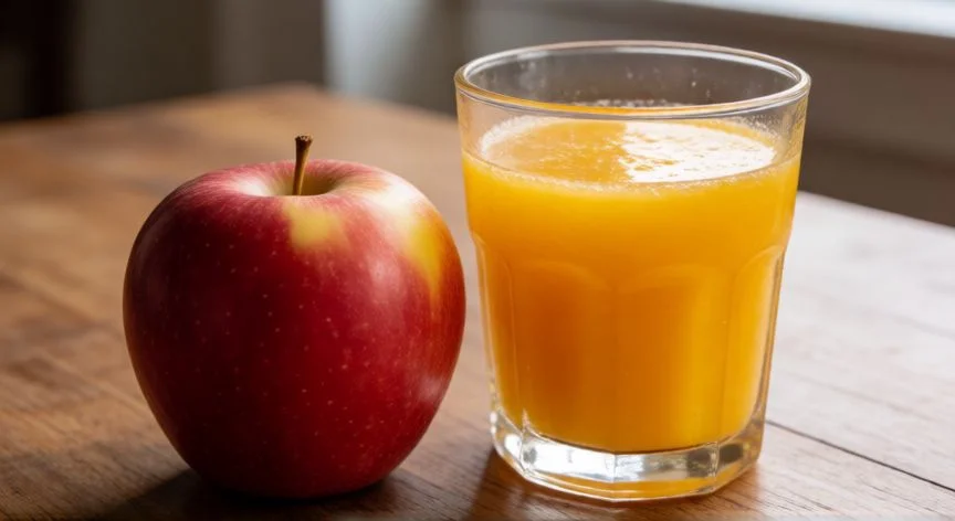 Manzana entera con piel junto a un vaso de zumo sobre una mesa de cocina