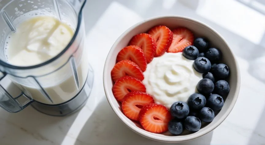 diferencia entre comer fruta y tomar jugo, Batido con pulpa visible rodeado de frutas enteras en encimera de mármol