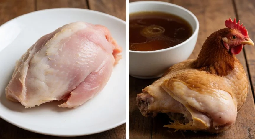 Comparación visual entre carne de pollo joven y muslo de gallina adulta junto a caldo