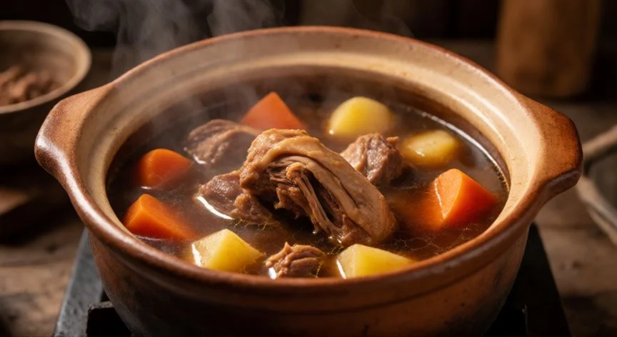 diferencia entre comer gallina y pollo, Guiso tradicional de gallina vieja cociendo lentamente en olla de barro