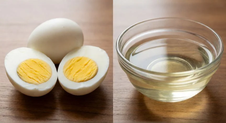 Dos huevos abiertos sobre mesa rústica: yema dorada y clara transparente