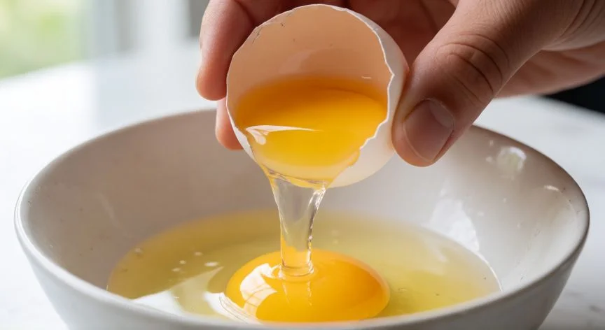 diferencia entre comer huevo con yema y sin yema, Manos preparando una tortilla con yemas doradas visibles en la sartén
