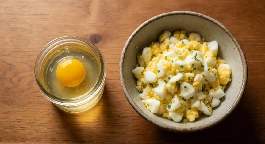 diferencia entre comer huevo crudo y cocido, Manos removiendo huevos revueltos cremosos a fuego lento en una cocina luminosa