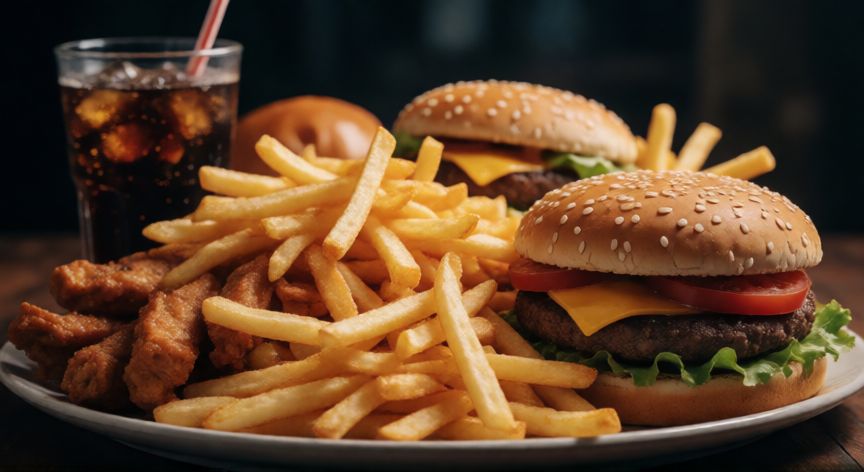 diferencia entre comer mucho y comer bien, Plato abundante de comida ultraprocesada representando comer mucho volumen sin calidad