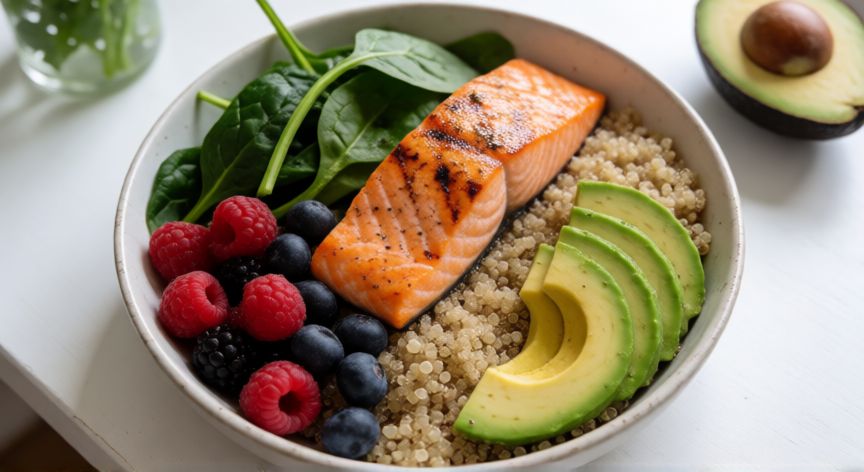 diferencia entre comer mucho y comer bien, Bol equilibrado con salmón y vegetales frescos representando comer bien con calidad nutricional