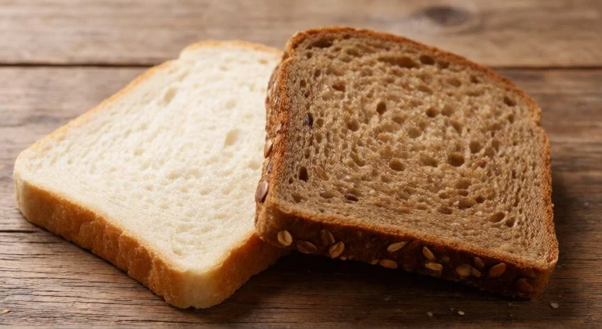 Comparativa visual entre una rebanada de pan blanco suave y una de pan integral con semillas sobre mesa de madera