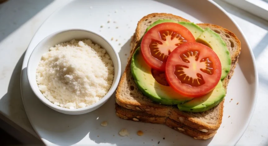 diferencia entre comer pan blanco y pan integral, Plato de desayuno saludable con tostada integral de aguacate y contraste visual con migas de pan blanco