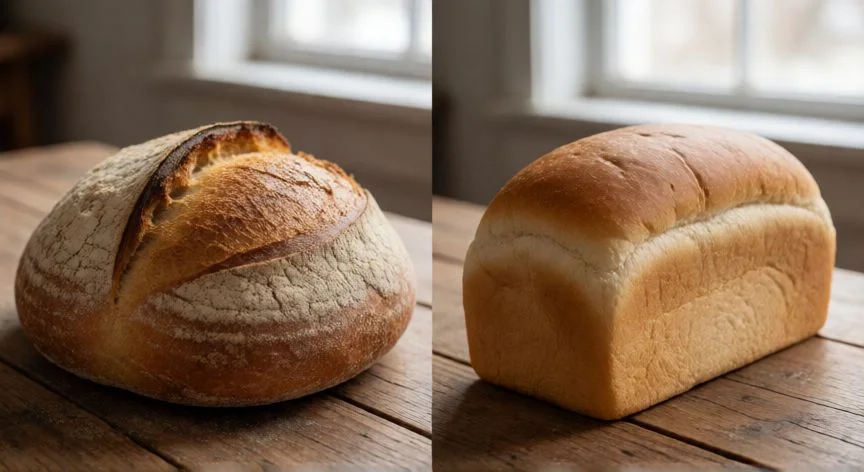 Comparativa visual entre una hogaza de pan de masa madre artesanal y un pan blanco industrial