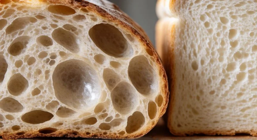 diferencia entre comer pan de masa madre y pan normal, Detalle de la miga del pan de masa madre frente al pan normal mostrando diferencias de textura