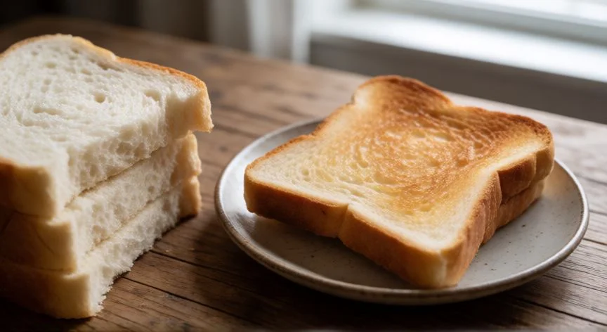 Comparación visual de pan fresco blando y pan tostado dorado sobre una mesa de madera