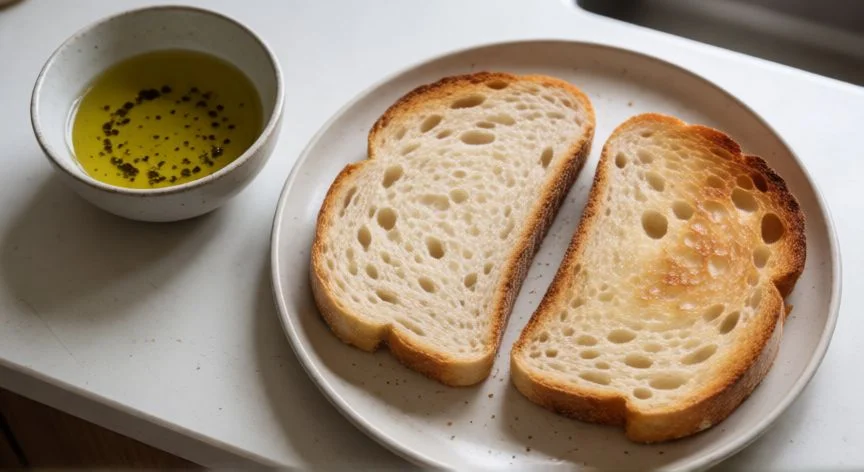 diferencia entre comer pan tostado y pan normal, Desayuno saludable con pan de masa madre tostado y aceite de oliva