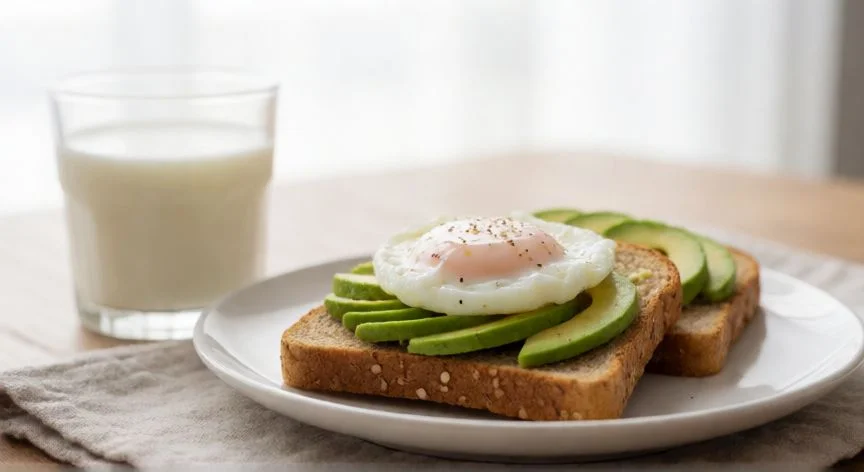 diferencia entre comer pan y tostadas, Desayuno saludable con tostadas integrales y huevo poché en una mesa de cocina