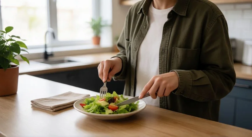 Persona comiendo de pie en una cocina moderna